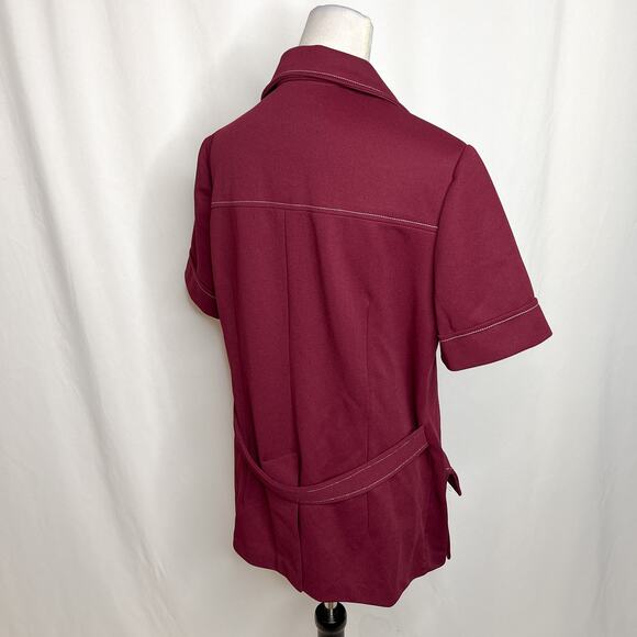 Vintage 70s Leisure Shirt Jacket Maroon Short Sleeve Accent Stitch Dagger Collar - Picture 6 of 7